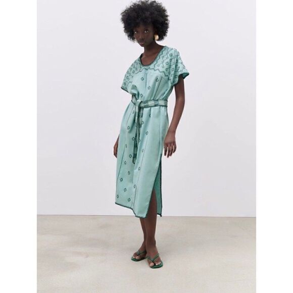 NWT Zara Blue Green Embroidered Belted Tunic Midi Dress, Size Small - Picture 5 of 14
